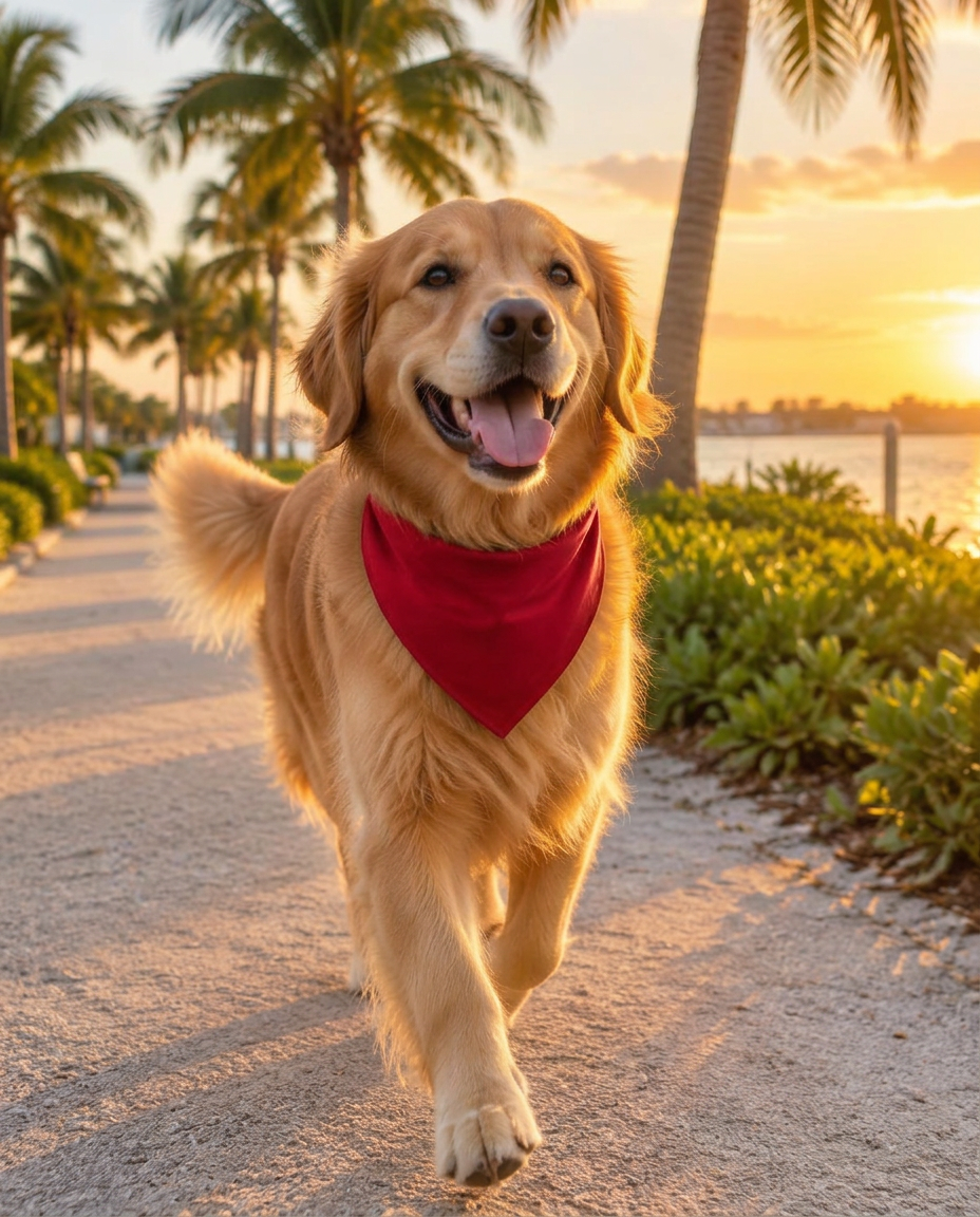 Golden retriever trotting down a palm-lined path at sunset